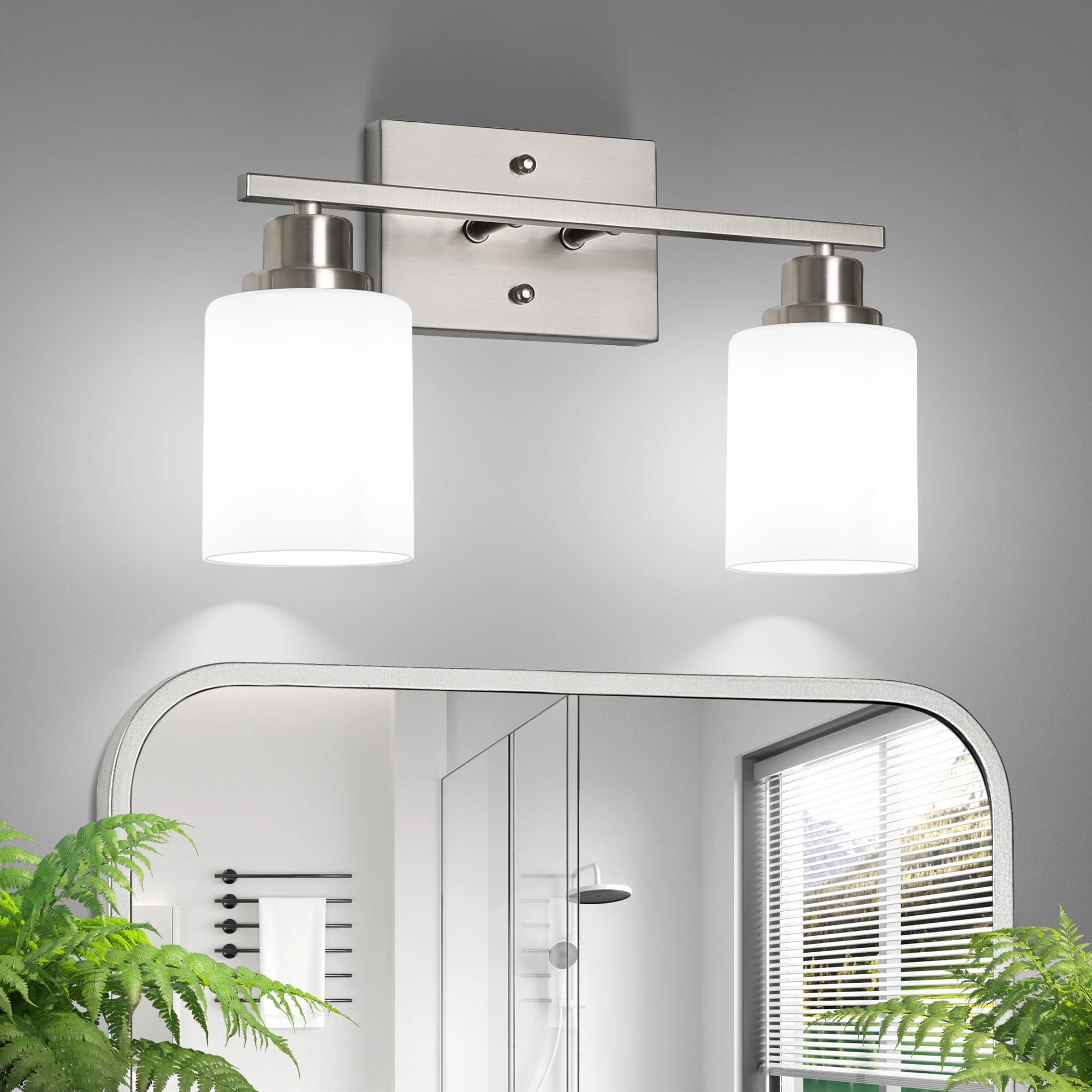 Bathroom Light Fixtures  2-light Vanity Over Mirror Brushed Nickel Wall Sconces With Milky White Frosted Glass Shades Lamp For Living Room Bedroom E26 Base(bulbs Not Included)