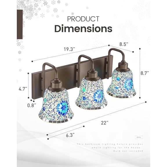 Bathroom Light Fixtures, 3-Light Bathroom Vanity Light, 22 Inch Modern Wall Sconces with Blue Mosaic Glass, Oil Rubbed Bronze Finish, ZSL72B-3W ORB-BL