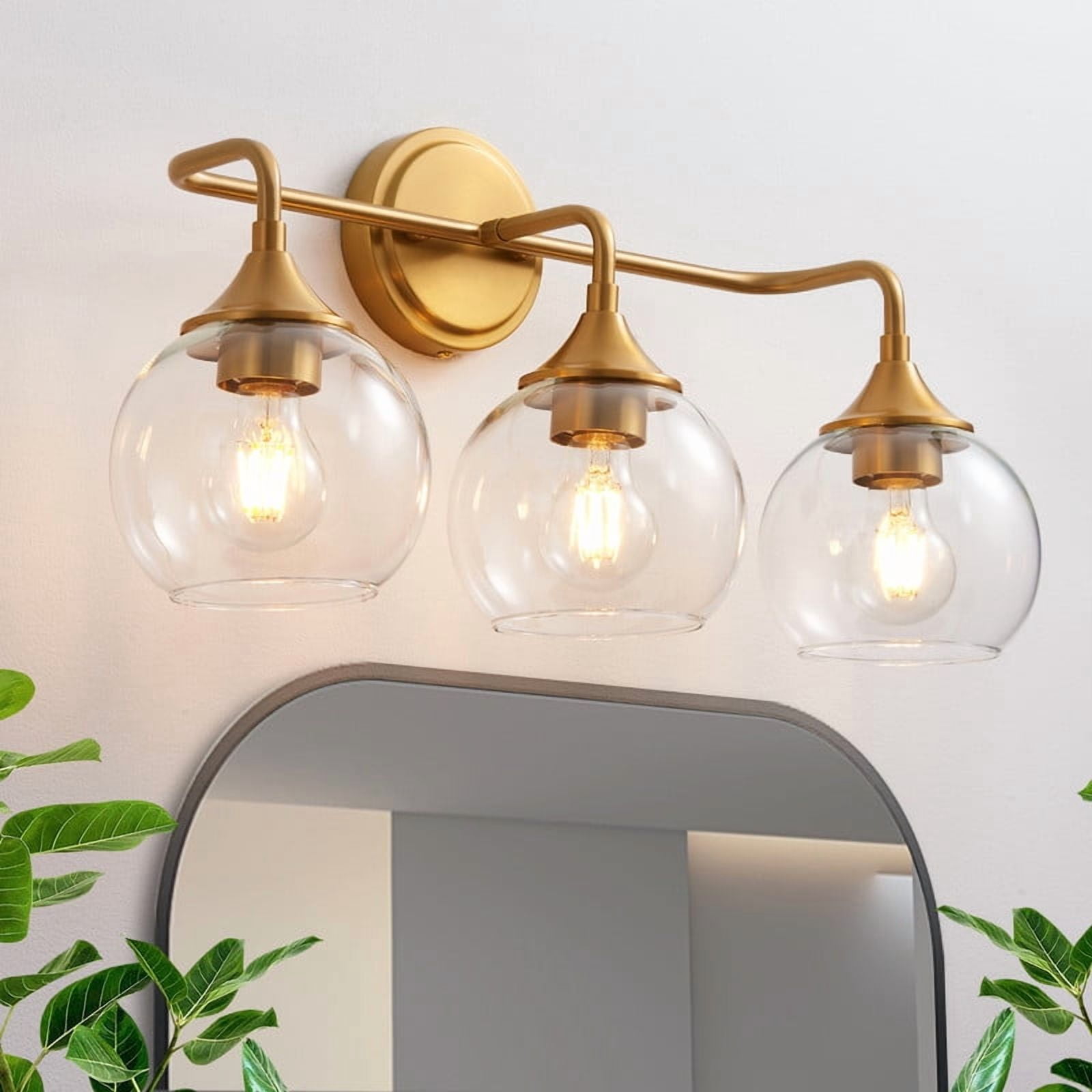 Bathroom Light Fixtures 3 Light Bathroom Vanity Light with Clear Glass Shade, 22 inch Bathroom Light Fixtures Over Mirror, Black and Gold Vanity Lights for Bathroom (Exclude E26 Bulb)