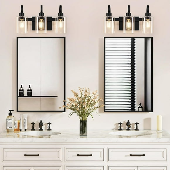 Bathroom Light Fixtures 3-Light Black Vanity Light Modern Vanity Lights with Glass Shades for Mirror Kitchen, E26 Base, Bulb Not Included