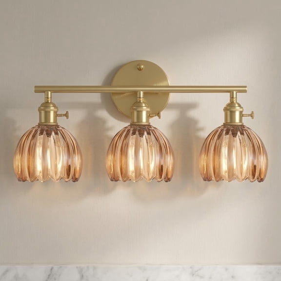 Gold Bathroom Light Fixtures, 3-Light Brass Vanity wall Light Over Mirror with Amber Tulip Glass Shade for Bedroom Living Room(No Buble)