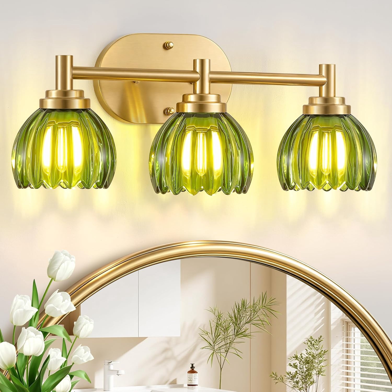 Bathroom Light Fixtures, 3-Light Brushed Gold Vanity Lights for Bathroom with Tulip Green Glass Shade, Bathroom Vanity Lighting Over Mirror, Gold Wall Lamps for Bedroom, Living Room, Hallway