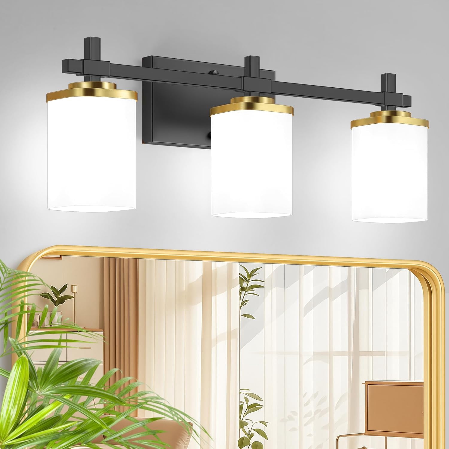 Bathroom Light Fixtures, 3-Light Coastal Vanity Lights with Milky White Frosted Glass Shade, Black Bathroom Wall Lamp for Mirror Kitchen Hallway Cabinet