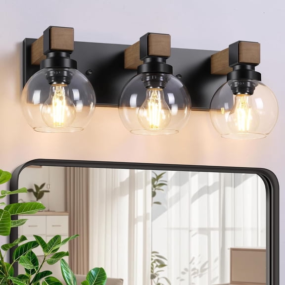 Bathroom Light Fixtures, 3-Light Rustic Wood Bathroom Lights Over Mirror with Glass Globe Shades, Matte Black Wall Mounted Lamp Vanity Lights for Bathroom Bedroom Living Room Cabinet