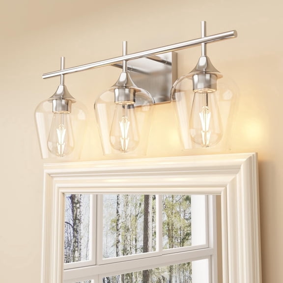 Homechoose 3-Light Vanity Light, Silver, Dimmable, LED, Corded Electric, Vanity Lights with Clear Glass Globe Shade