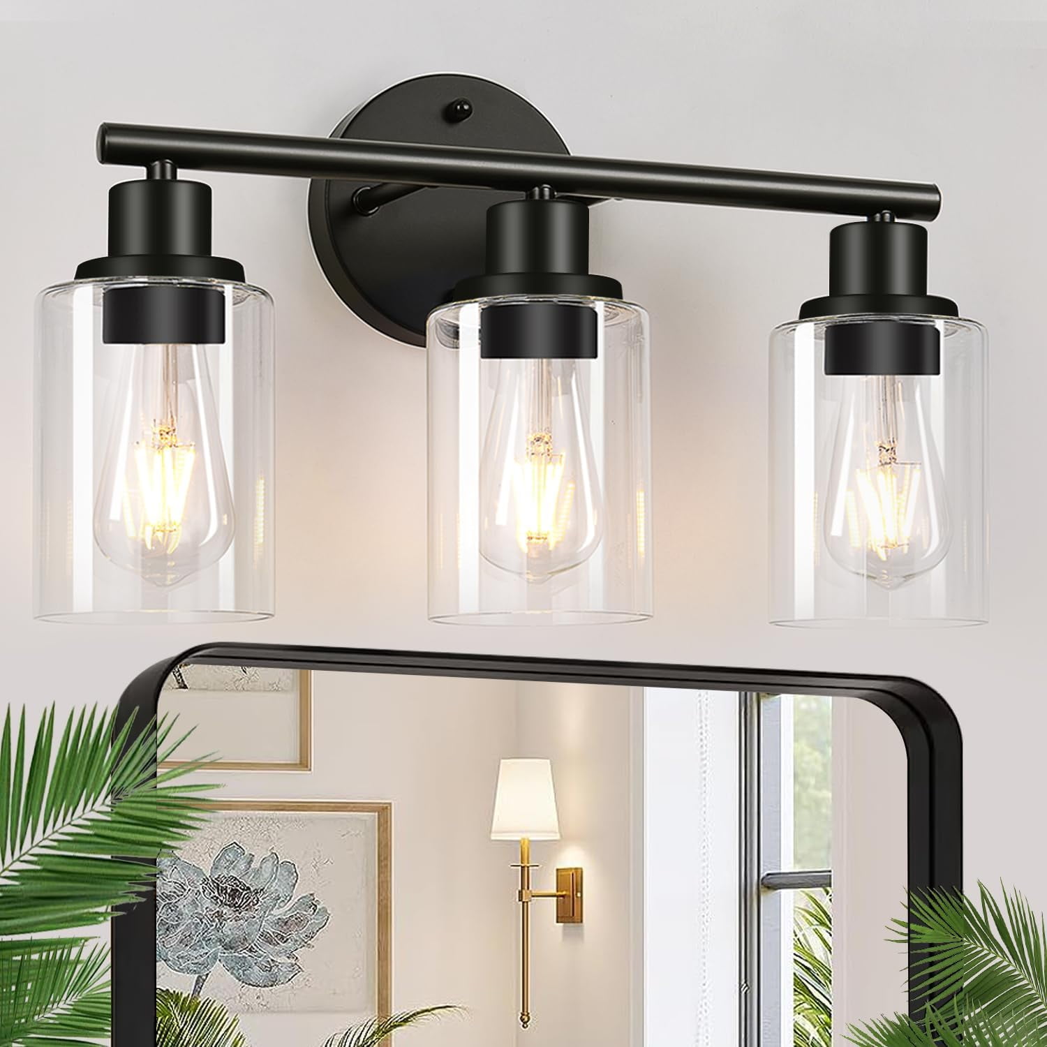 Modern 3-Light Matte Black Bathroom Vanity Fixture with Clear Glass ...