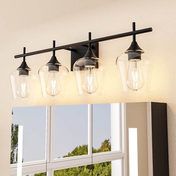 Homechoose 4-Light Bathroom Light Fixtures, Black Modern Vanity Lights with Clear Glass Shade, Bathroom Wall Lamp for Mirror Kitchen Living Room Hallway Cabinet Porch