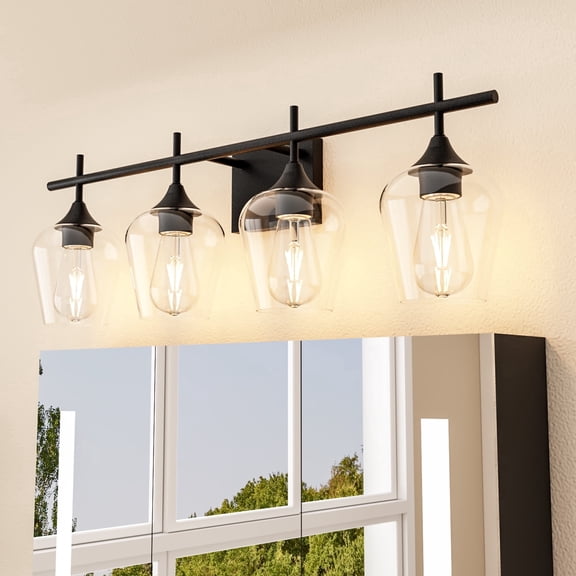 Homechoose 4-Light Bathroom Light Fixtures, Black Modern Vanity Lights with Clear Glass Shade, Bathroom Wall Lamp for Mirror Kitchen Living Room Hallway Cabinet Porch