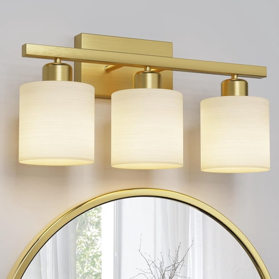 Bathroom Light Fixtures, Bathroom Lighting Fixtures Over Mirror, Interior Classic Vanity Lights, Modern Vanity Light with Textured White Glass Shade, Brushed Gold, 3-Light