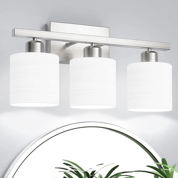 Bathroom Light Fixtures, Bathroom Lighting Fixtures Over Mirror, Interior Classic Vanity Lights, Modern Vanity Light with Textured White Glass Shade, Brushed Nickel, 3-Light