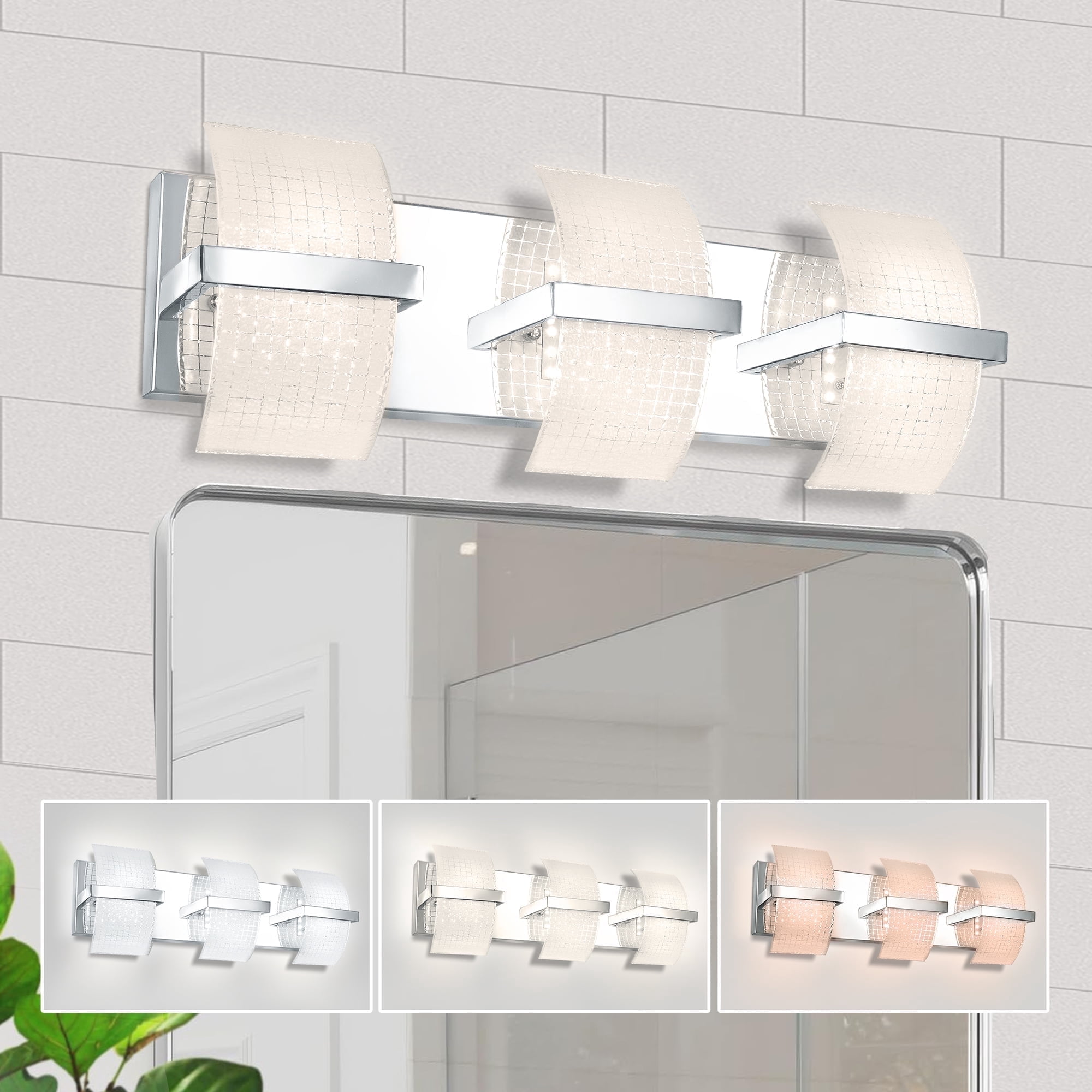 Uznhty LED Bathroom Light Fixtures over Mirror,Dimmable Vanity Lights for Bathroom Wall Light Fixtures with Thicken Ripple Glass Shade 3000K/4000K/5000K 3-Light Chrome