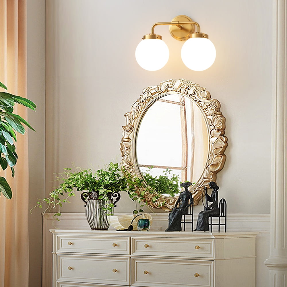 Bathroom Light Fixtures Gold 2-Light Globe Mordern Vanity Light Fixtures Over Mirror with White Globe Shade
