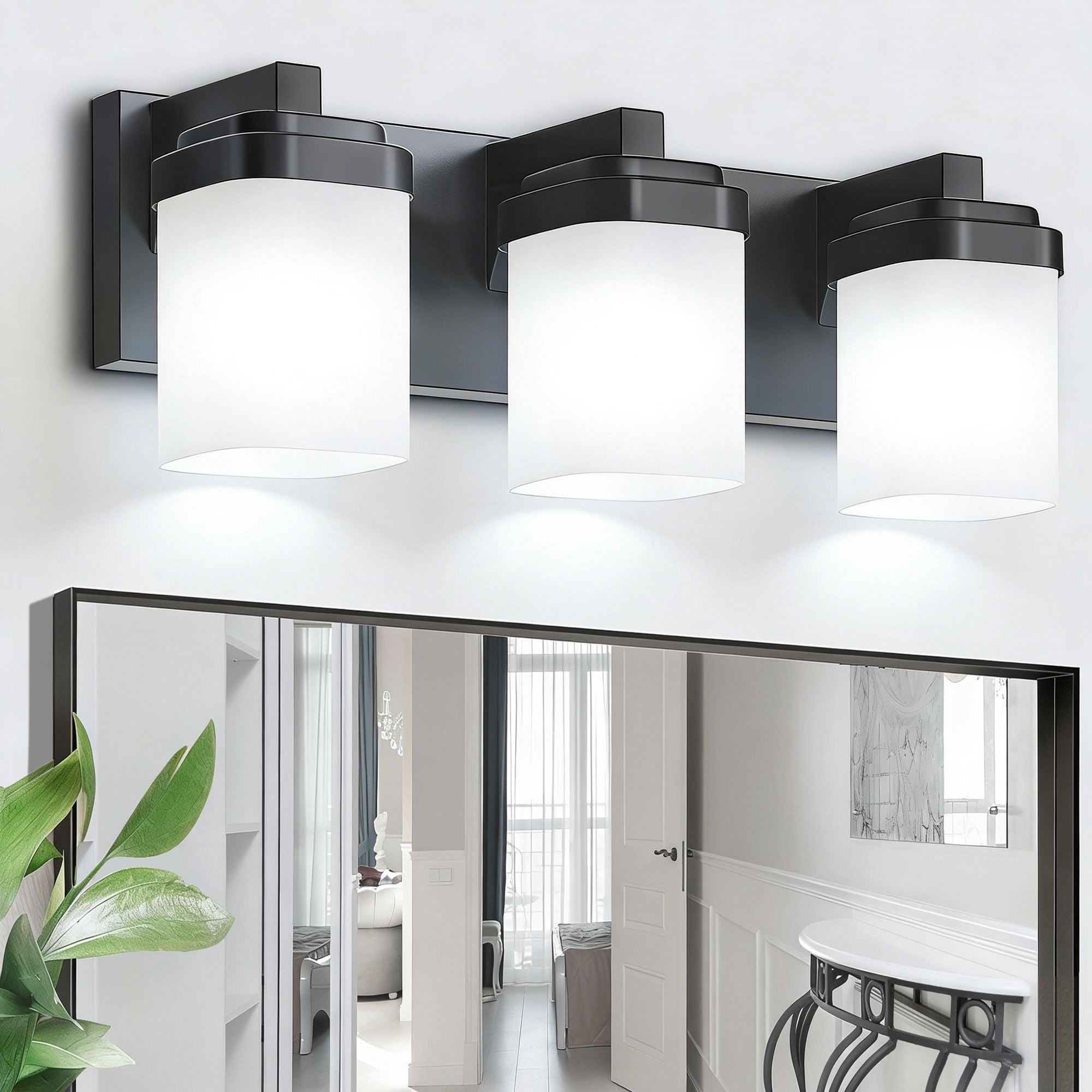 Bathroom Light Fixtures Over Mirror, 3-Light Modern Matte Black Vanity Lights with White Frosted Glass Shade, Bathroom Wall Lamp Sconces for Mirror Bedroom, Living Room Hallway Small Space