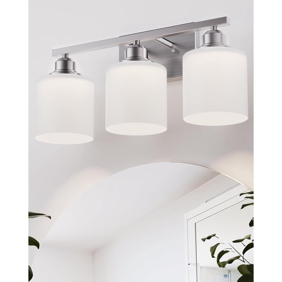 Bathroom Light Fixtures Over Mirror, 3-Light Vanity Lights Brushed Nickel, Modern Bathroom Vanity Light, Glass Shade & Anti-Rust Nickel Finished, Bathroom Light for Small Space