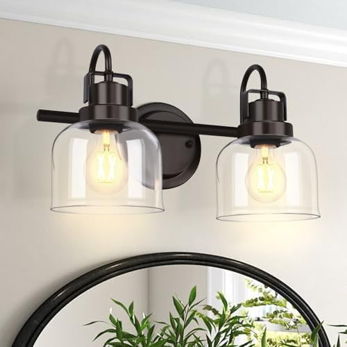 Bathroom Light fixtures, 2 Light Bronze Bathroom Vanity Light, Modern Vanity Light Fixtures with Metal Base and Clear Glass Shade, Wall Sconces Lighting for Bath room, Mirror, Living Room, Hallway