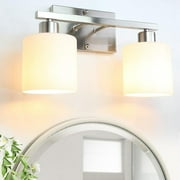 Bathroom Lighting Fixtures Over Mirror Brushed Nickel, Modern 2-Light Vanity Lights Fixtures, Wall Sconces Light for Bedroom, Hallway, Milky White Glass Shades, E26 Base, Bulbs Not Included