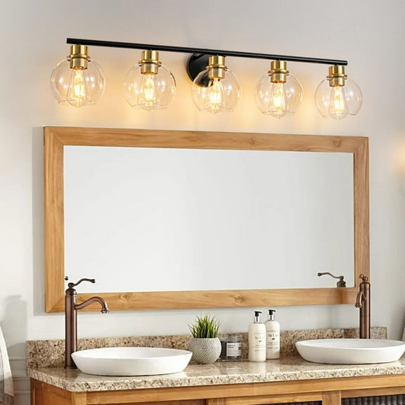 Bathroom Vanity Lights, 5 Light Black Gold Industrial Wall Mounted Mirror Wall Lights E26 Base with Transparent Glass Shade For Farmhouse,Bedroom, Living Rooms