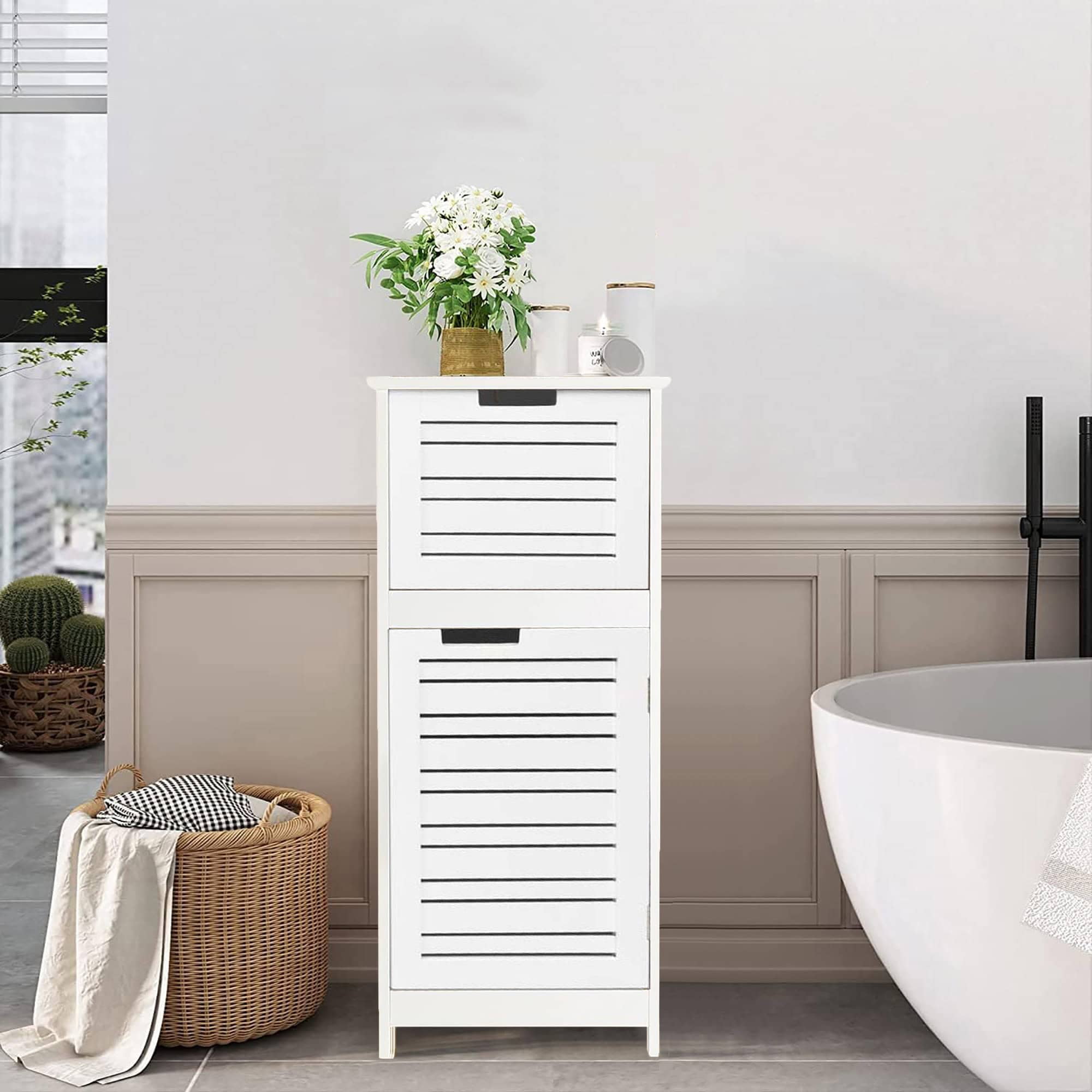 White MDF Bathroom Storage Cabinet with Vented Door and Drawer