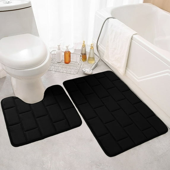 Bathroom Mat 2-Piece Set - Non-Slip Water Absorbing Floor Mat & Toilet Seat Mat, Fast Drying Polyester Fiber, Machine Washable, 40x50cm & 50x80cm, Khaki/Pink/Navy/Coffee/Gray