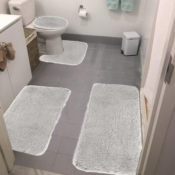 Bathroom Mat 4-Piece Set, Solid Color Bath Mat & U Shaped Toilet Mat, Soft and Absorbent Shower Floor Carpet, Non-Slip, Thick, Machine Washable(Gray)