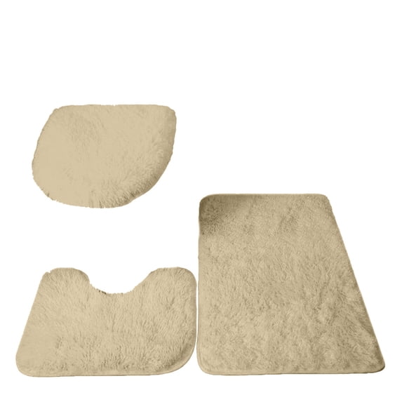 Bathroom Mat Non Slip, 20X33 In, Tan Shag, Toilet Floor Mat, Toilet Seat Cover, Bathroom Accessory Set, 3 Set