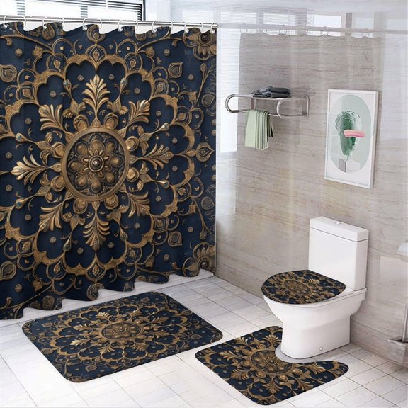 Bathroom Mat Set, Arabic Calligraphy Pattern Printed on Shower Curtain Set with Rugs and Accessories, Designed for Farmhouse Boho Contemporary Bathrooms, 72 x 72 inches