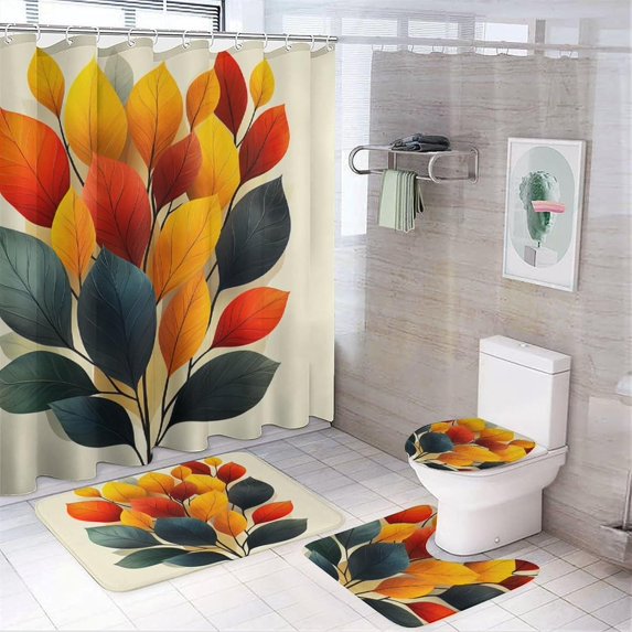 Bathroom Mat Set, Autumn Abundance Pattern Printed on Bathroom Shower Curtain Sets with Rugs, Perfect for Hotel Dorm Spa Home, 72 x 72 inches