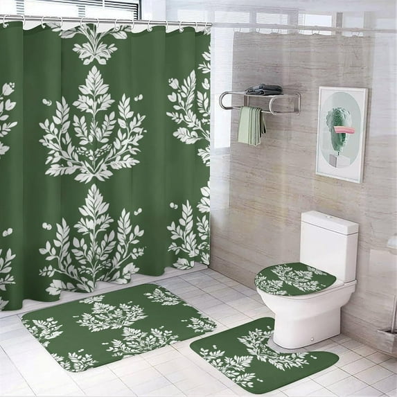 Bathroom Mat Set, Gray Leaf Damask Pattern Printed on Bathroom Shower Curtain Sets with Rugs, Perfect for Hotel Dorm Spa Home, 72 x 72 inches