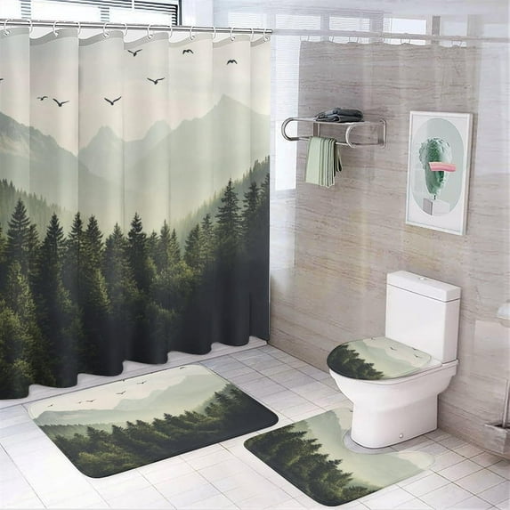 Bathroom Mat Set, Gray Leaf Damask Pattern Printed on Bathroom Shower Curtain Sets with Rugs, Perfect for Hotel Dorm Spa Home, 72 x 72 inches