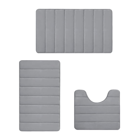 Bathroom Mat Set, Velvet Foam Floor Mat, Thick Soft Absorbent Non Slip Bath Rug & U-Shaped Toilet Rug Combo for Bathroom Home Decor 3 Piece Gray