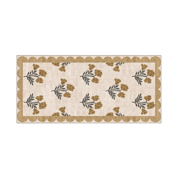 Bathroom Mat â Washable Non- Long Runner Rug â Cute Floral Design with Scalloped Edge â Absorbent Microfiber Bath Carpet for Bathroom, Kitchen, Hallway â 59 x 35.4 Inch â Khaki