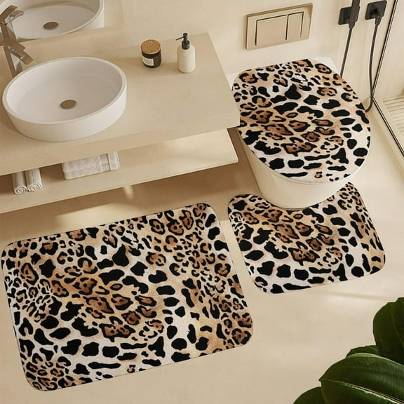 Bathroom Mats Sets 3 Piece Pink Blue Leopard Bathroom Rug and Toilet Seat Cover Bathroom Decor Sets with U-Shaped Mat Bath Mats for Bathroom 16"x24"