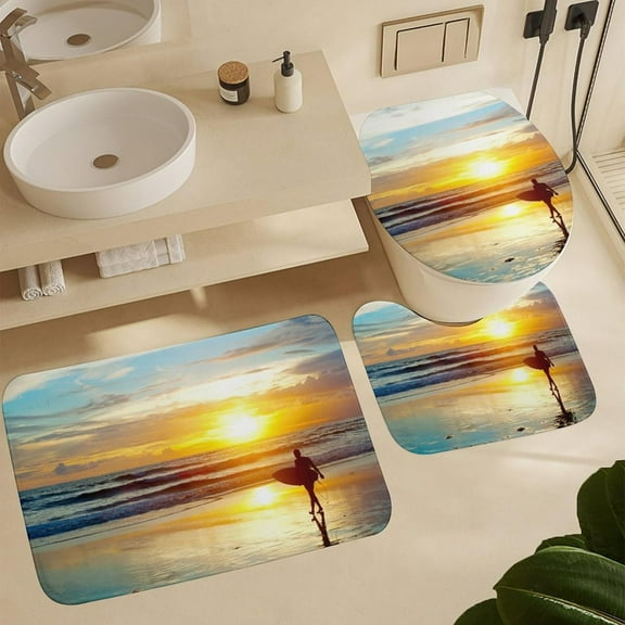 Bathroom Mats Sets 3 Piece Sunset Beach Bathroom Rug and Toilet Seat Cover Bathroom Decor Sets with U-Shaped Mat Boracay White Beach Bath Mats for Bathroom 20"x32"