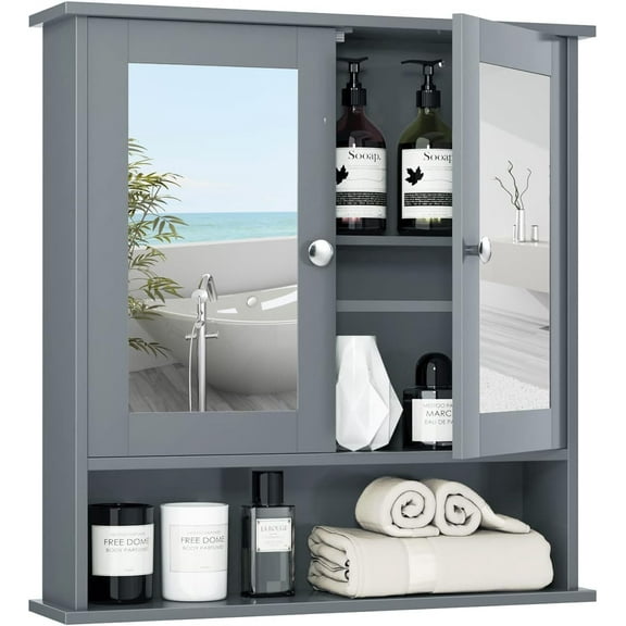 Bathroom Medicine Cabinet, Bathroom Wall Cabinet with 2 Mirror Doors & Adjustable Shelf, Over Toilet Storage, Wood Wall Mounted Storage Cabinet for Laundry Room, Living Room, Kitchen (Grey)