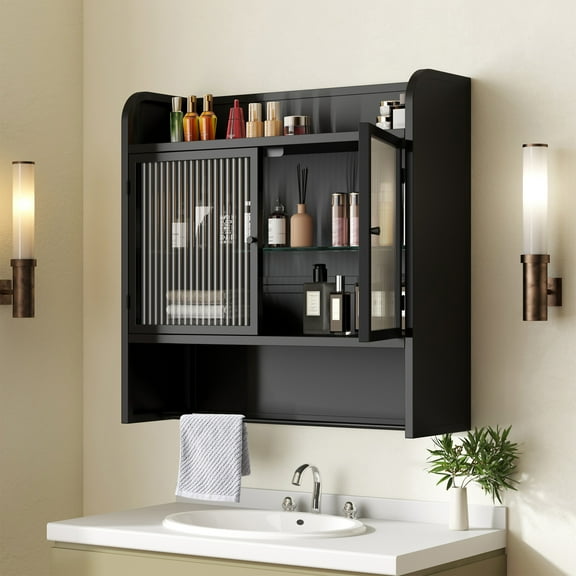 Bathroom Medicine Cabinet, Metal Wall Mounted Storage Cabinet with 3 Shelves and Towel Bar, Waterproof Storage Organizer for Makeup, Hanging Wall Cabinet for Bathroom, Laundry, Living Room, Black