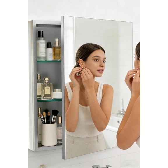 Bathroom Medicine Cabinet with Mirror  20x26 Recessed or Wall Mirror Medicine Cabinet with Storage Adjustable Glass Shelves  Beveled Edge Mirrored Door with Aluminum Cabinet Hinges
