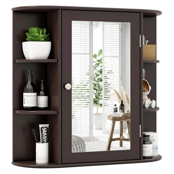 Bathroom Medicine Cabinet with Mirror, Wall Mounted Storage Cabinet with Mirrored Door, Open Shelves & Adjustable Shelves, Bathroom Wall Mirror Cabinet, 26 x 6.5 x 25 Inches (Brown)