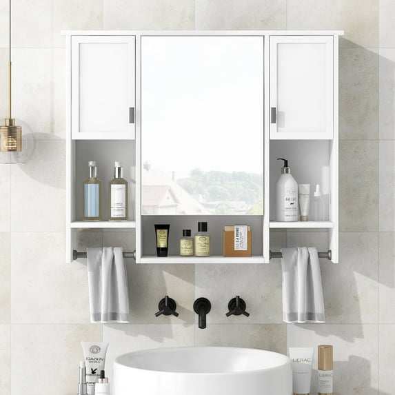 35" Medicine Cabinet with Mirror, Wall Mounted Wood Storage Cabinet with Adjustable Shelves,Towel Racks, Modern Bathroom Vanity Mirror for Living Room
