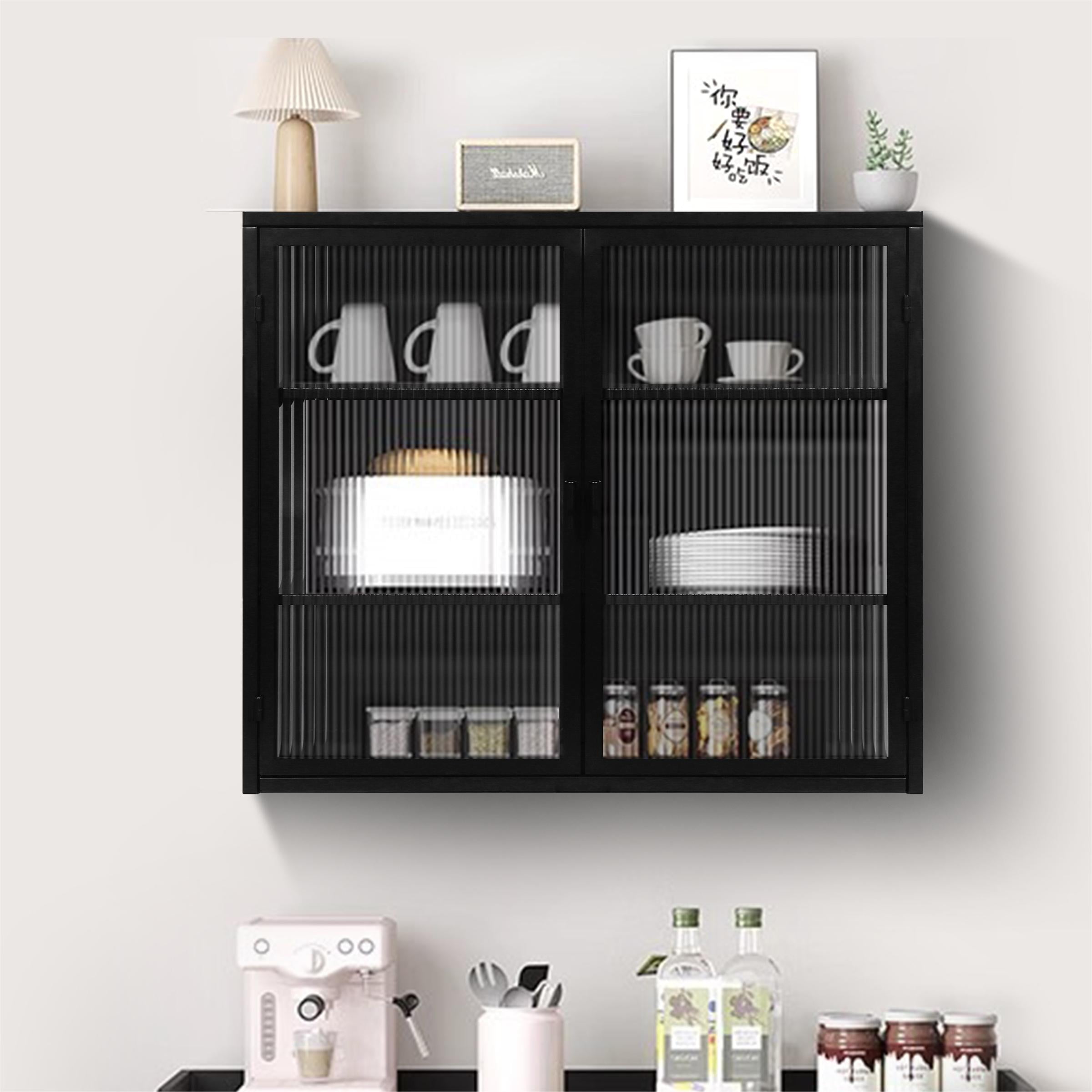 Bathroom Medicine Cabinet,Modern Glass Doors Two-door Wall Cabinet with Three-tier Storage for Bathroom,Kitchen,Black