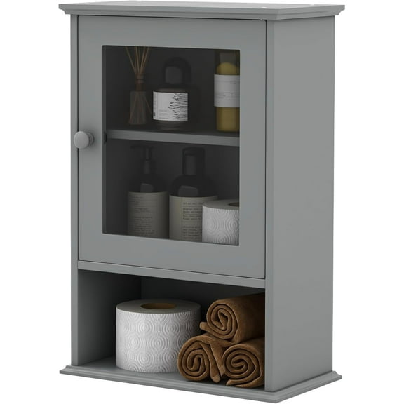 Bathroom Medicine Cabinet, Over The Toilet Storage Organizer with Adjustable Shelf, Wall Mounted Storage Cabinet with Tempered Glass Door, Modern Storage Cabinet for Living Room,Grey