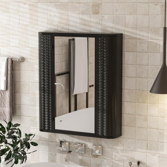 Bathroom Medicine Cabinet Over The Toilet Storage Wall Mounted Mirror Cabinet,with Glass Shelf Open Compartment and Magnetic Closure, Bathroom Organizer Antique Black