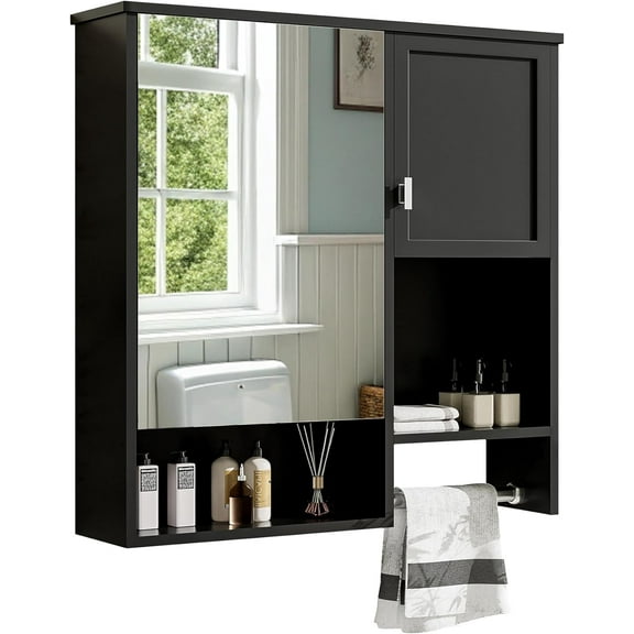 Bathroom Medicine Cabinet, Wall Mounted Bathroom Storage Cabinet with Mirror, Open Shelf, Side Cabinet and Towel Bar, Over The Toilet Mirrored Cabinet, 29.5" W x 28.7" H