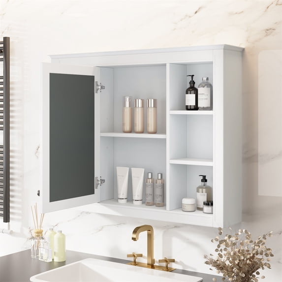 Bathroom Medicine Cabinet, Wall Mounted Bathroom Storage Cabinet with Mirror and Open Shelves, Modern Floating Storage Organizer, Not Include Bathroom Vanity