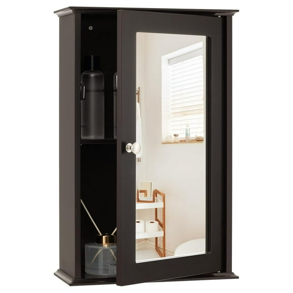 Bathroom Medicine Cabinet with Mirror, Wall Mounted - Brown, 13.5 x 6 x 21 inches - Adjustable Shelf, Reversible Door, Space Saving Storage