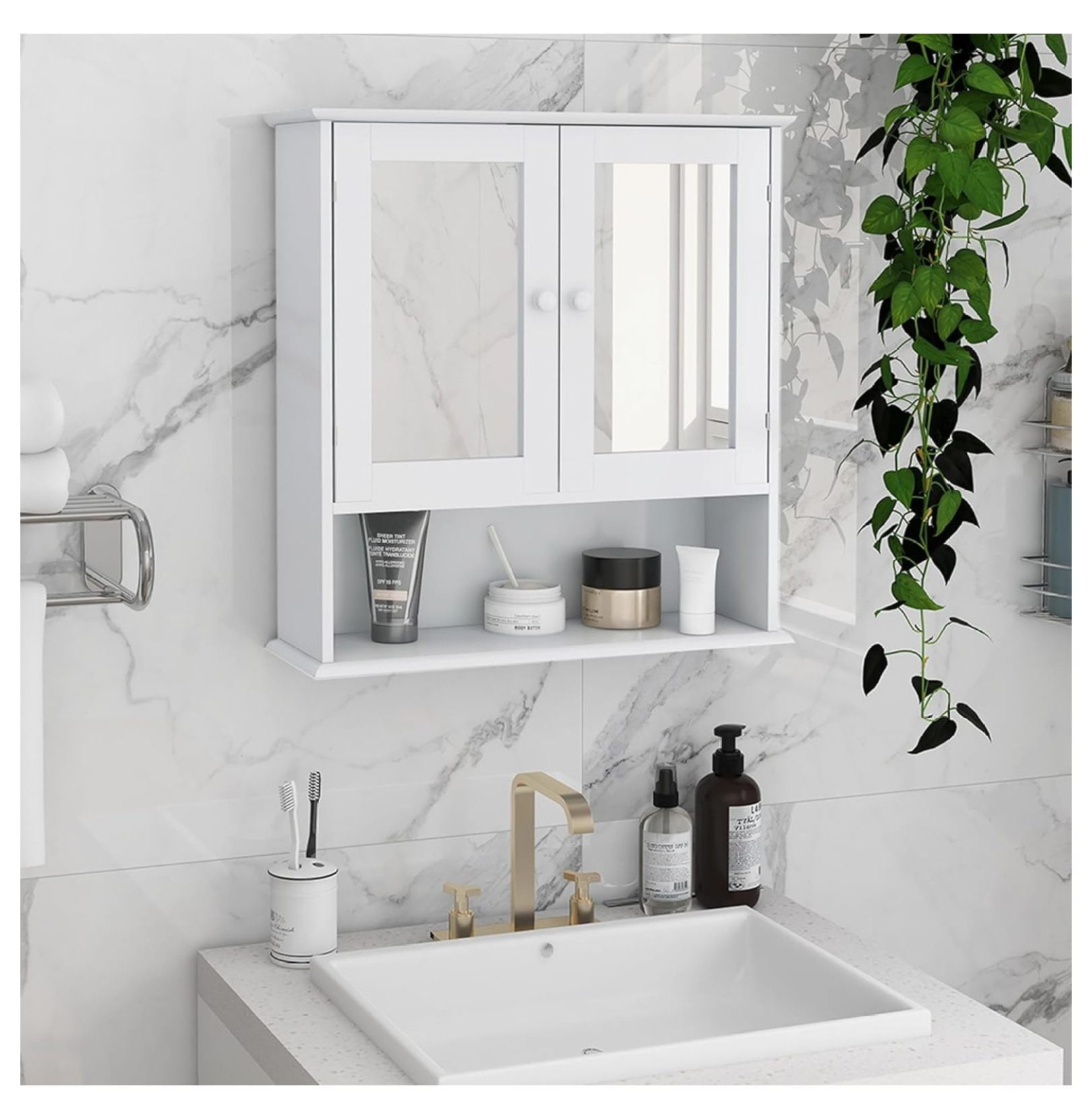 Bathroom Medicine with Mirror Wall Mounted, White Recessed