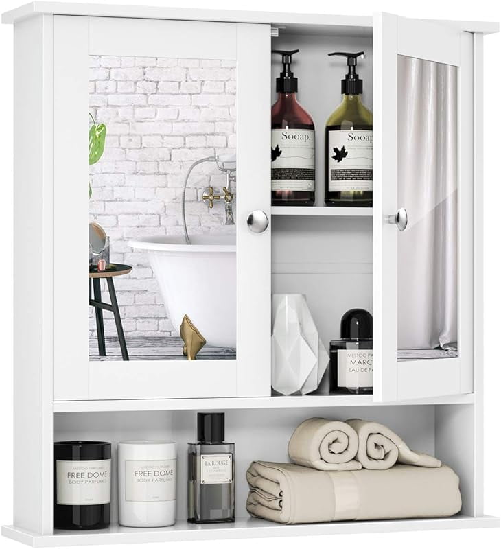 Bathroom Medicine Cabinet with Mirror, Wall Mounted Wooden Hanging Organizer with Doors and Shelves, Bathroom Wall Mirror Cabinet