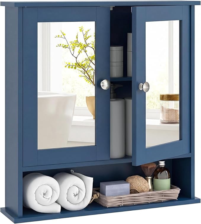 Bathroom Medicine Cabinet with Mirror, Wall Mounted Wooden Hanging Organizer with Doors and Shelves, Bathroom Wall Mirror Cabinet