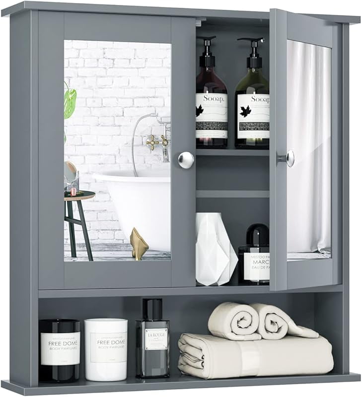 Bathroom Medicine Cabinet with Mirror, Wall Mounted Wooden Hanging Organizer with Doors and Shelves, Bathroom Wall Mirror Cabinet