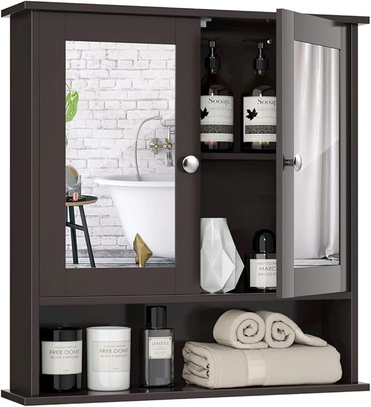 Bathroom Medicine Cabinet with Mirror, Wall Mounted Wooden Hanging Organizer with Doors and Shelves, Bathroom Wall Mirror Cabinet
