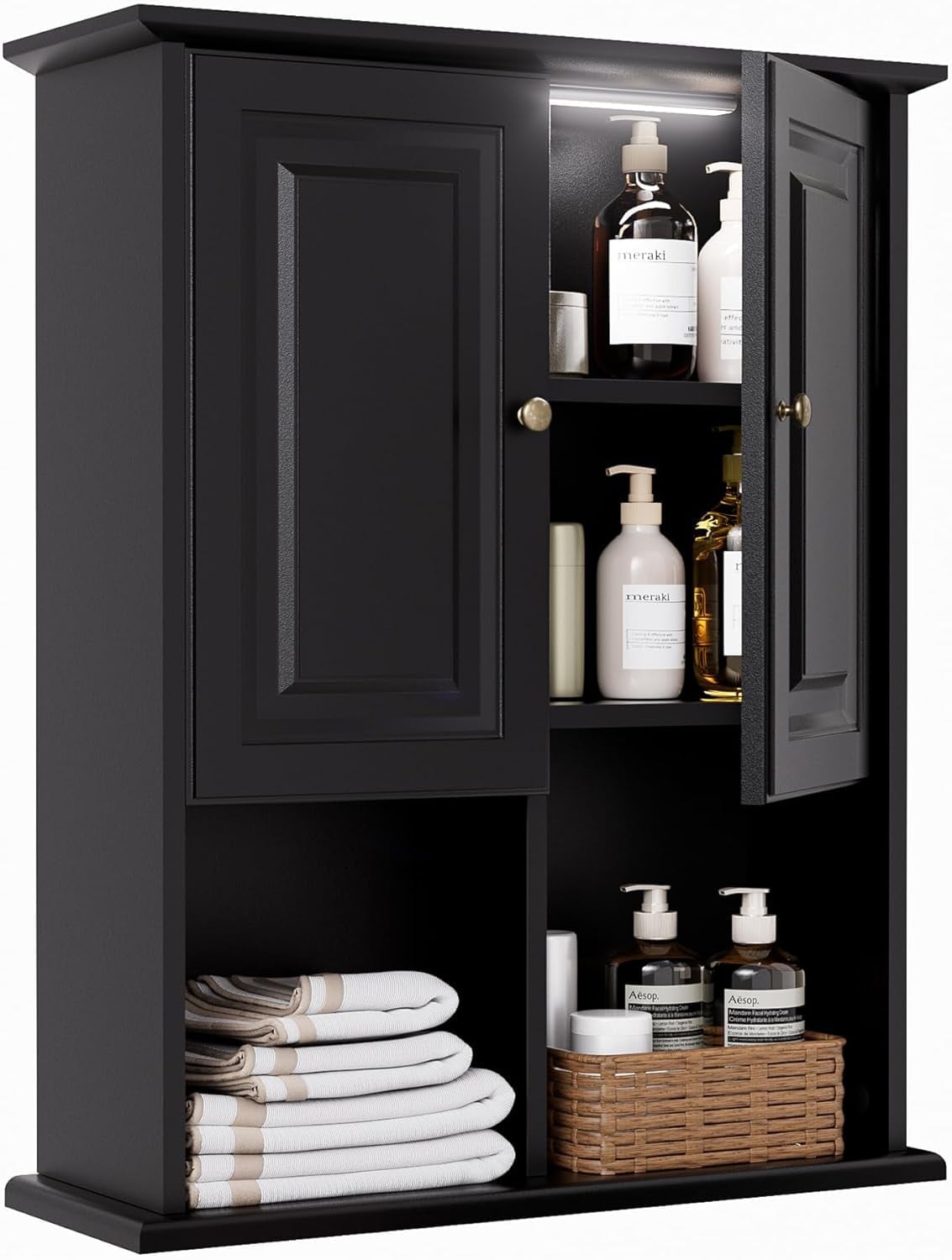 HAIOOU Bathroom Wall Cabinet with Motion Sensor LED Light, Over Toilet Storage Cabinet with Buffering Hinges and Adjustable Shelf (Black)